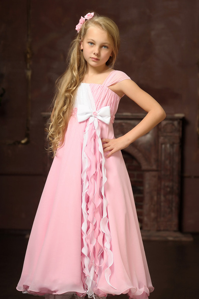 Beautiful young blonde girl with long hair in a pink princess dress. - Foto, Imagem