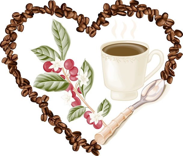 Чашка кофе и кофейные зерна внутри в сердце
 - Вектор,изображение