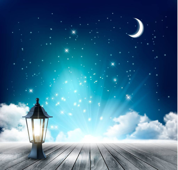 Beautiful magical night background with moon and lantern. Vector - Vektör, Görsel