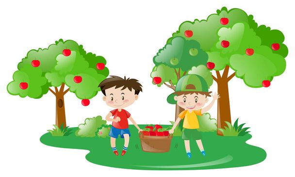 Two boys working in apple farm - Vector, afbeelding