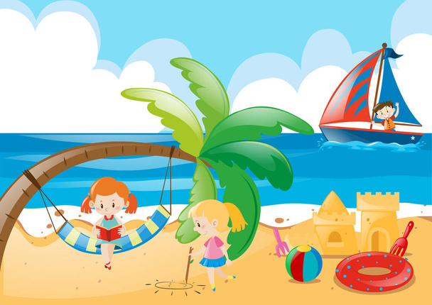 遊ぶ子供たちとビーチのシーン - ベクター画像