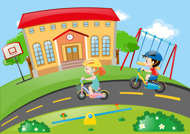 Boy and girl cycling on road - Vector, Image