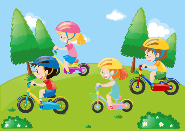 Park táj-val kids kerékpározás - Vektor, kép