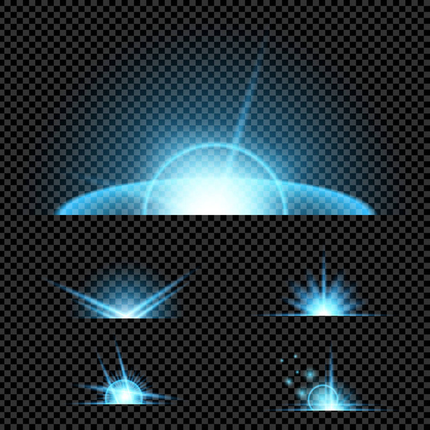 Kreatives Konzept Vektor-Set von Glühlicht-Effekt-Sternen platzt mit Funkeln isoliert auf schwarzem Hintergrund. Zur Illustration Vorlage Art Design, Banner für Weihnachten feiern, Magie Blitz Energie Strahl - Vektor, Bild