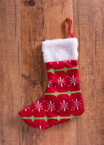 Christmas sock with on wooden background - Photo, Image