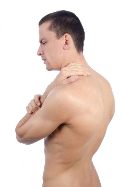 Stress und Schmerzen. Mann und Nacken-Massage. - Foto, Bild