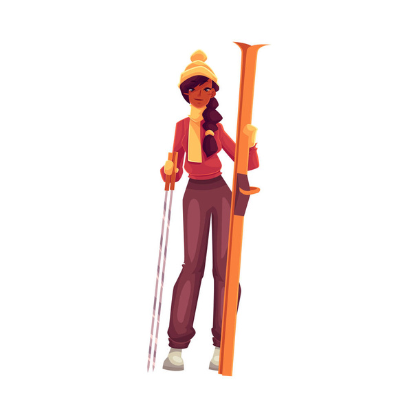 Young black woman with ski and poles - Vektor, Bild