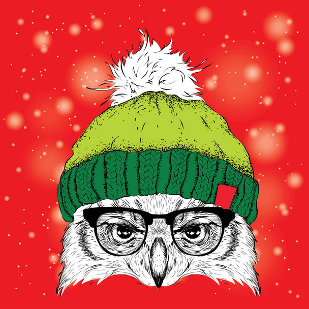El cartel de navidad con la imagen retrato de búho en sombrero de invierno. Ilustración vectorial
. - Vector, imagen