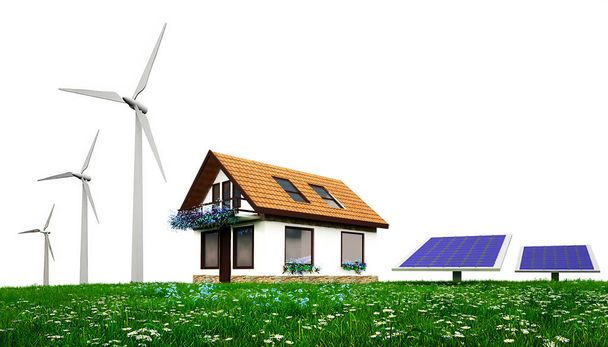 Maison en bois avec éoliennes et panneaux solaires debout sur la main
 - Photo, image