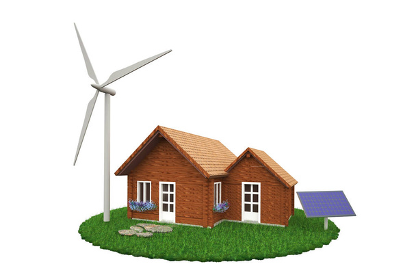 Hout houten huis met windturbines en zonnepanelen permanent op het gras - Foto, afbeelding