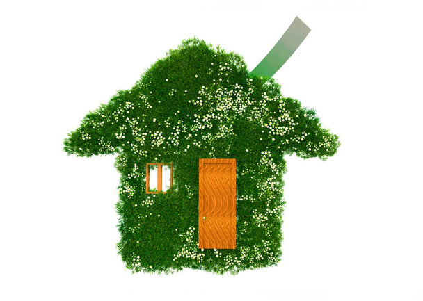 Casa verde con césped en crecimiento aislado sobre fondo blanco
 - Foto, imagen