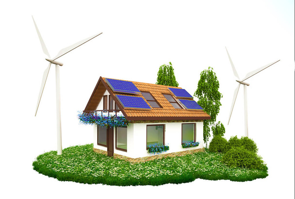 Будинок з вітровими турбінами та сонячними панелями, що стоять на руці
 - Фото, зображення