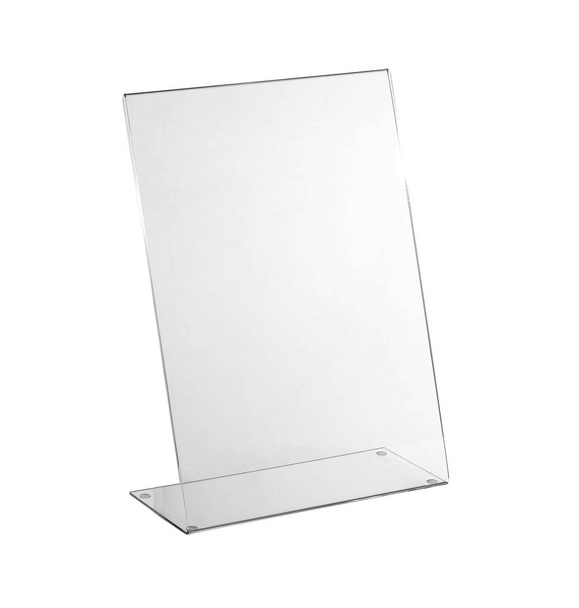 Espositore da tavolo in acrilico trasparente per menu isolato, sfondo bianco
 - Foto, immagini