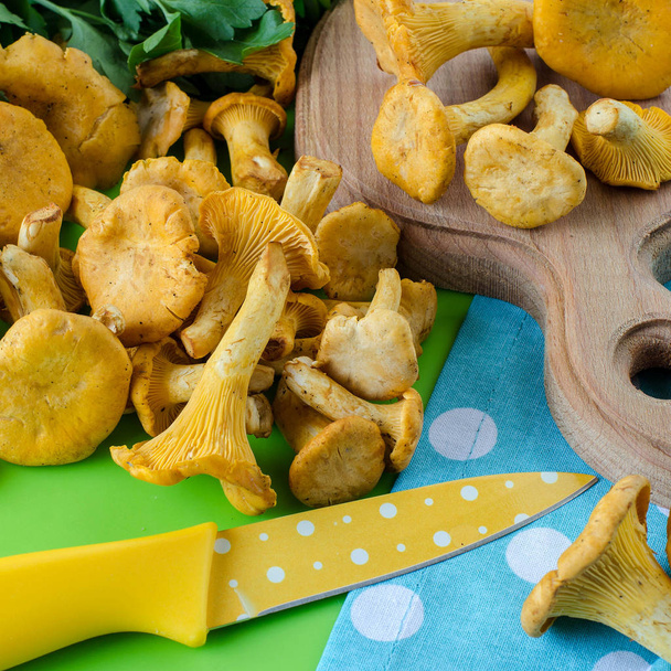 The harvest of forest mushrooms chanterelles on the table. - Photo, Image