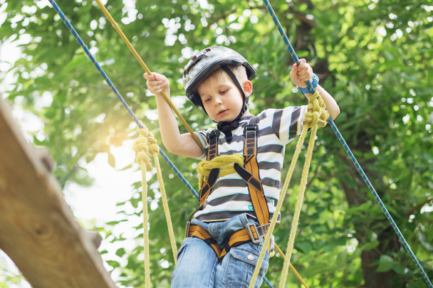 Kids climbing in adventure park. Boy enjoys climbing in the rope - Photo, Image
