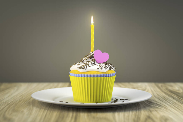 delicious cupcake with burning candle - Photo, Image