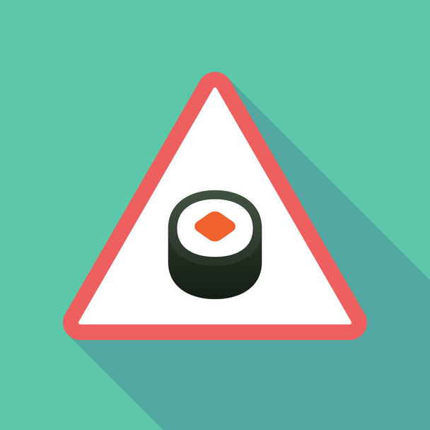 Lange schaduw driehoekige teken waarschuwingspictogram met een stuk van sushi m - Vector, afbeelding