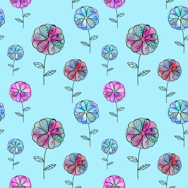 Vector seamless pattern with violet, pink flowers of watercolor blot and hand-drawn elements. On blue background. Grouped isolated. - Διάνυσμα, εικόνα