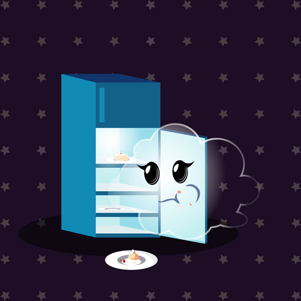 Vector illustration of cloud that eats a cake from the refrigerator at night. Funny cartoon character children. - Vector, Image