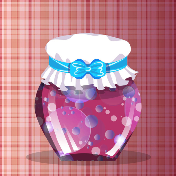 Mermelada mágica en un frasco de vidrio con una tapa blanca y cinta azul. Fondo rosa a cuadros. Ilustración vectorial. Alimentos, Conservación
. - Vector, Imagen