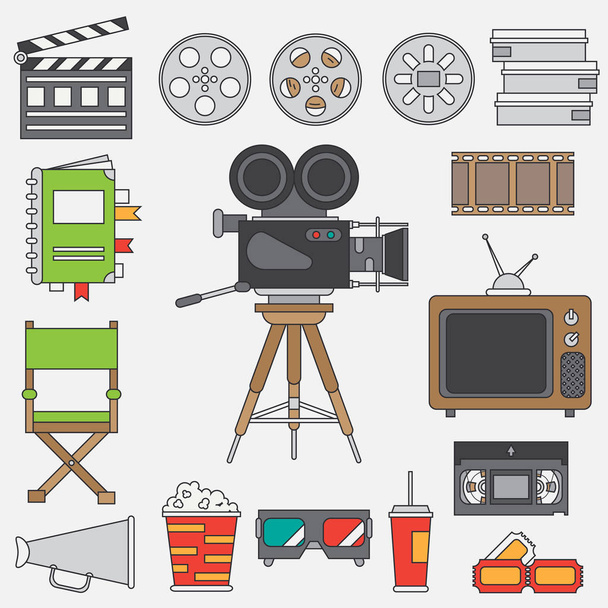 Line flat color vector icon elements of filmmaking and multimedia set with 35mm film camera, tv. Cartoon style. Cinema. Vector illustration and element for your design and wallpaper. Collection. - Vector, Image