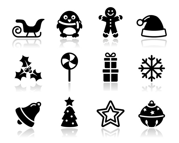 Christmas black icons with shadow set - Vetor, Imagem