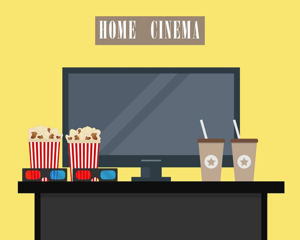 Domácí kino. K dispozici je domácí kino, 3d brýle, popcorn a kávu na žlutém podkladu  - Vektor, obrázek