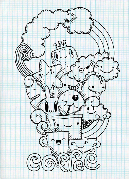 Kézzel rajzolt kávé, rajzfilm monster és a csésze kávé, firka, vektor - Vektor, kép