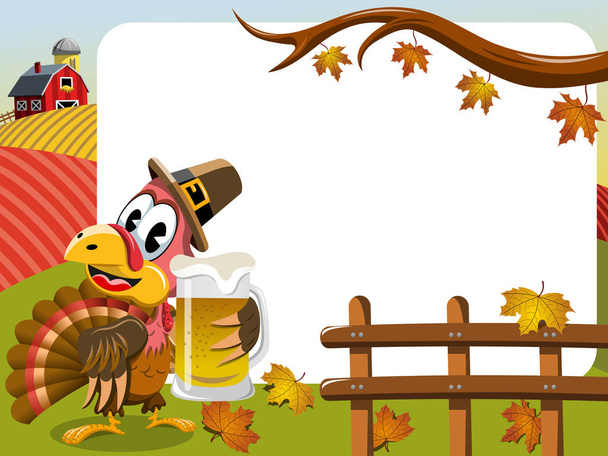 Thanksgiving day horizontal frame pilgrim turkey beer mug - Vector, Image