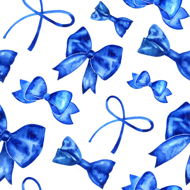 Hand paint watercolor seamless pattern with blue bows. - Foto, Bild