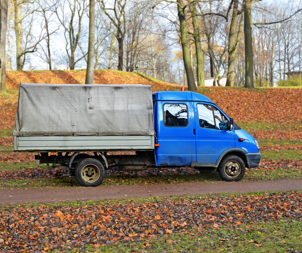 Vieux camion bleu dans un jardin d'automne
 - Photo, image