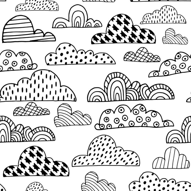 Seamless pattern with doodle clouds. Black and white hand drawn clouds. Vector Illustration - Vecteur, image