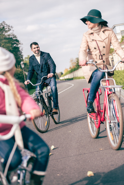 Cheerful family biking in park  - Fotó, kép