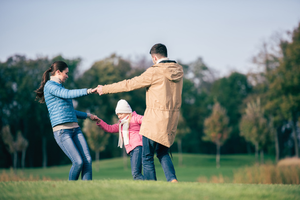 Happy family holding hands on meadow - Фото, изображение