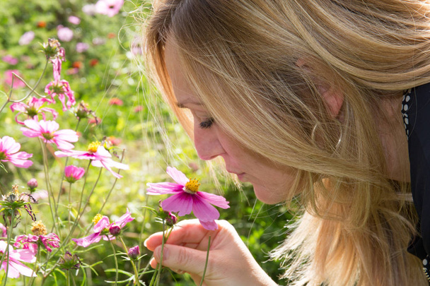 Hermosa mujer rubia y feliz oliendo flores florecientes
 - Foto, Imagen