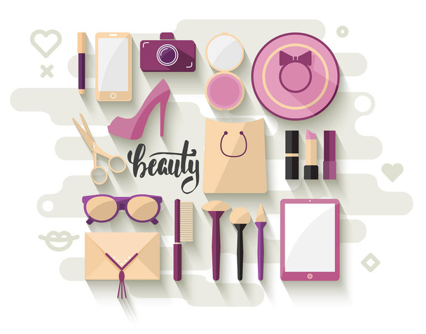 Womans accessories and cosmetics. Flat design. - Вектор,изображение