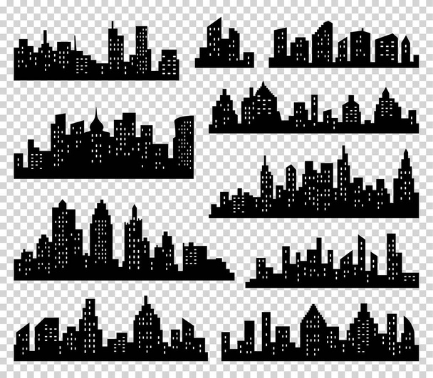 Kaupungin siluettivektorisarja. Panoraamatausta. Skyline kaupunkien raja kokoelma. Rakennukset, joissa on ikkunat
 - Vektori, kuva
