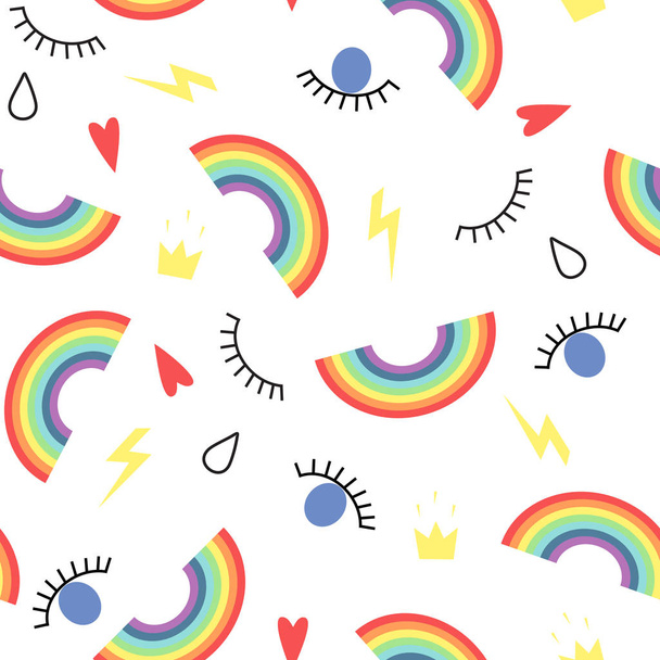 Abstract seamless pattern with eyes, drops and rainbows. - Vector, Image