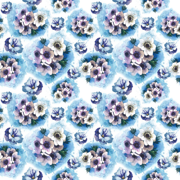 Wildflower blue anemone flower pattern in a watercolor style isolated. - Photo, Image