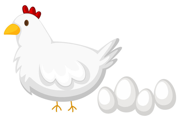 Huhn mit weißer Feder und vier Eiern - Vektor, Bild