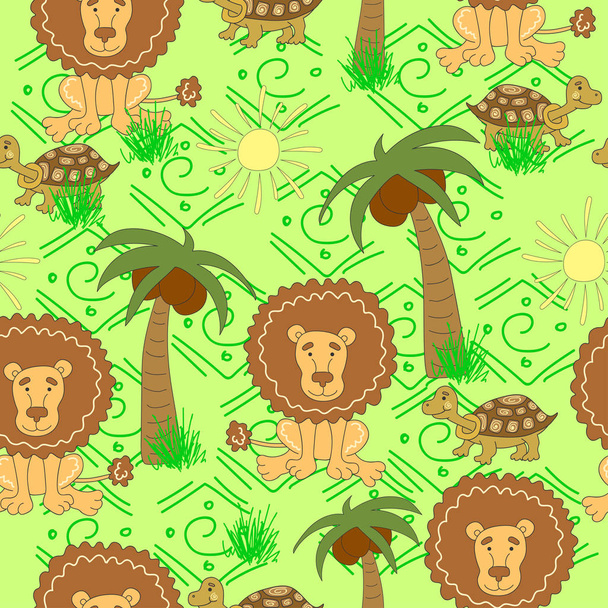 African animals pattern. Seamless pattern with  turtle,  lion, palm tree, sun, grass on a green background. - Vector, Image