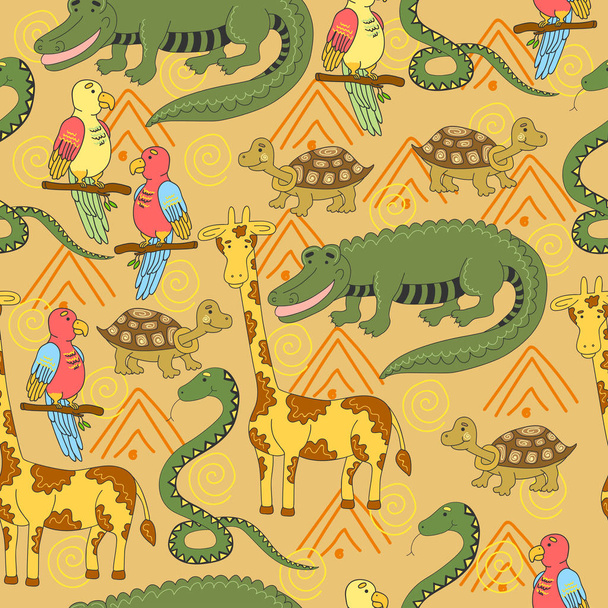 アフリカの動物パターン。ワニ、カメ、ヘビ、オウム、キリンとのシームレスなパターン.  - ベクター画像