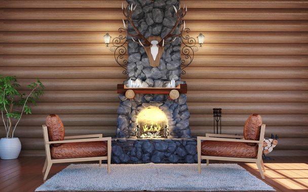 Интерьер комнаты в деревянном доме с каменным камином и ретро кожаными креслами
 - Фото, изображение