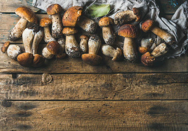 Fresh uncooked white forest mushrooms on wooden background - Foto, immagini