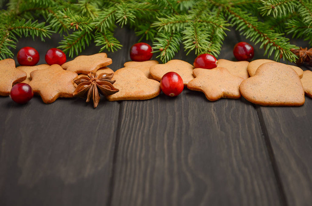 Christmas Gingerbread Cookies. Holiday concept decorated with Fir branches and Cranberries. - Photo, Image