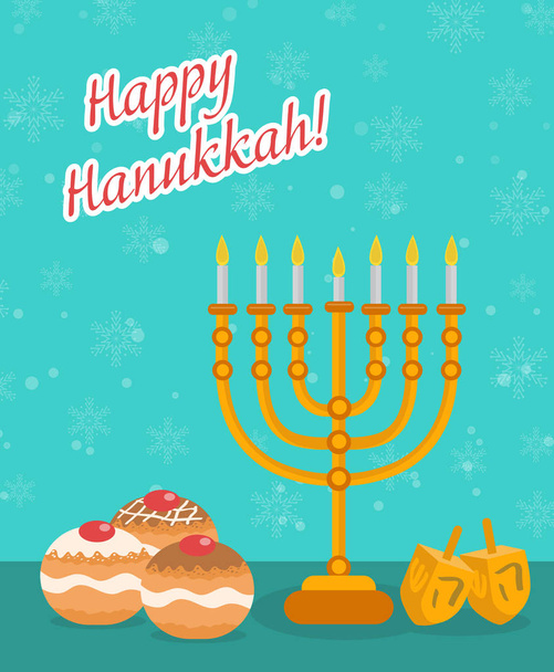 Χαρούμενο Χανουκά ευχετήρια κάρτα, πρόσκληση, αφίσα. Hanukkah εβραϊκή γιορτή γεμάτη φώτα, γιορτή αφοσίωσή του. Ευχετήρια κάρτα Χανουκά με ντρέιντελ Menorah, Sufganiyot. Εικονογράφηση διάνυσμα - Διάνυσμα, εικόνα