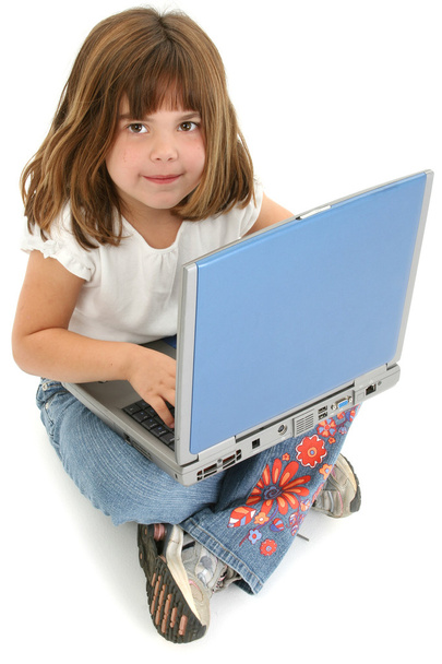 Beautiful Five Year Old Girl Sitting On Floor with Laptop - Φωτογραφία, εικόνα