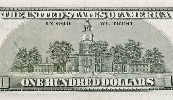 uns Unabhängigkeitshalle auf der Rückseite eines Hundert-Dollar-Scheins - Foto, Bild