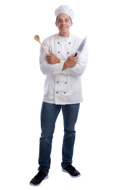 Cook apprentice trainee cooking with knife standing full body jo - Φωτογραφία, εικόνα