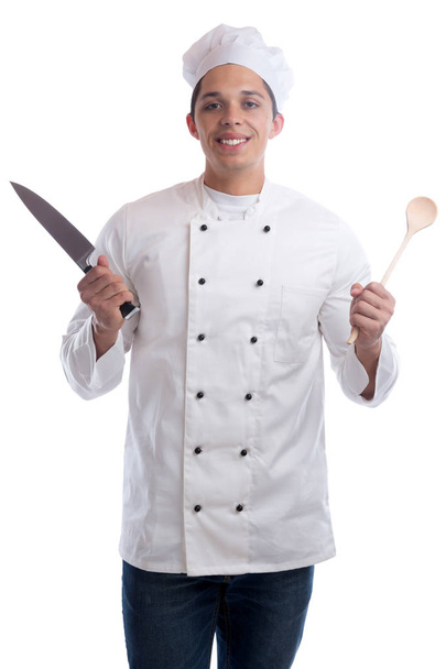 Cook apprentice trainee cooking with knife wooden spoon job youn - Foto, Imagen